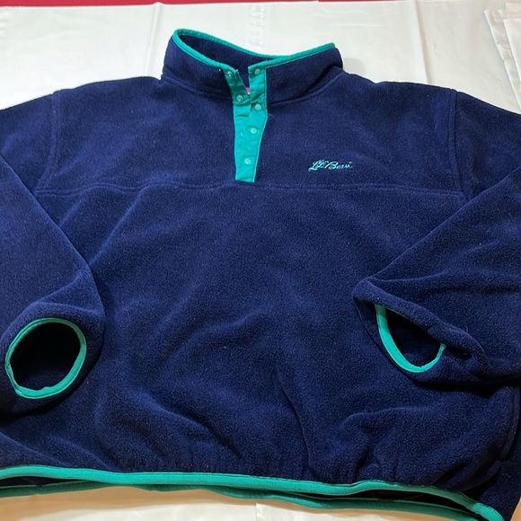 LL Bean BLUE FLEECE jacket aqua trim PULLOVER 4 snap neck, Mens 2XL side pockets - Picture 4 of 15
